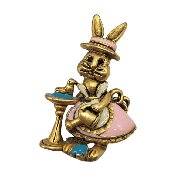 Vtg Danecraft Bunny Pin Brooch Rabbit Hat Bird Bath Gold-Tone Pink Blue Enamel A - Picture 1 of 7